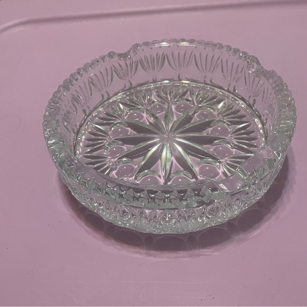 Princess house 6' Crystal Glass Round Ashtray Ornate Design Heavy Duty Vintage